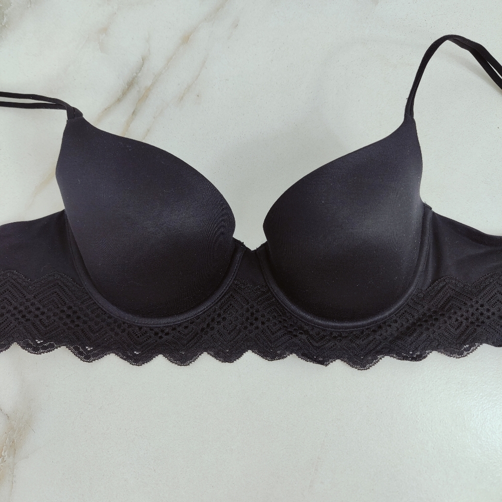 Aerie Sunnie Black Lace Satin Lightly Lined Demi Convertible Bra, Sz 34C